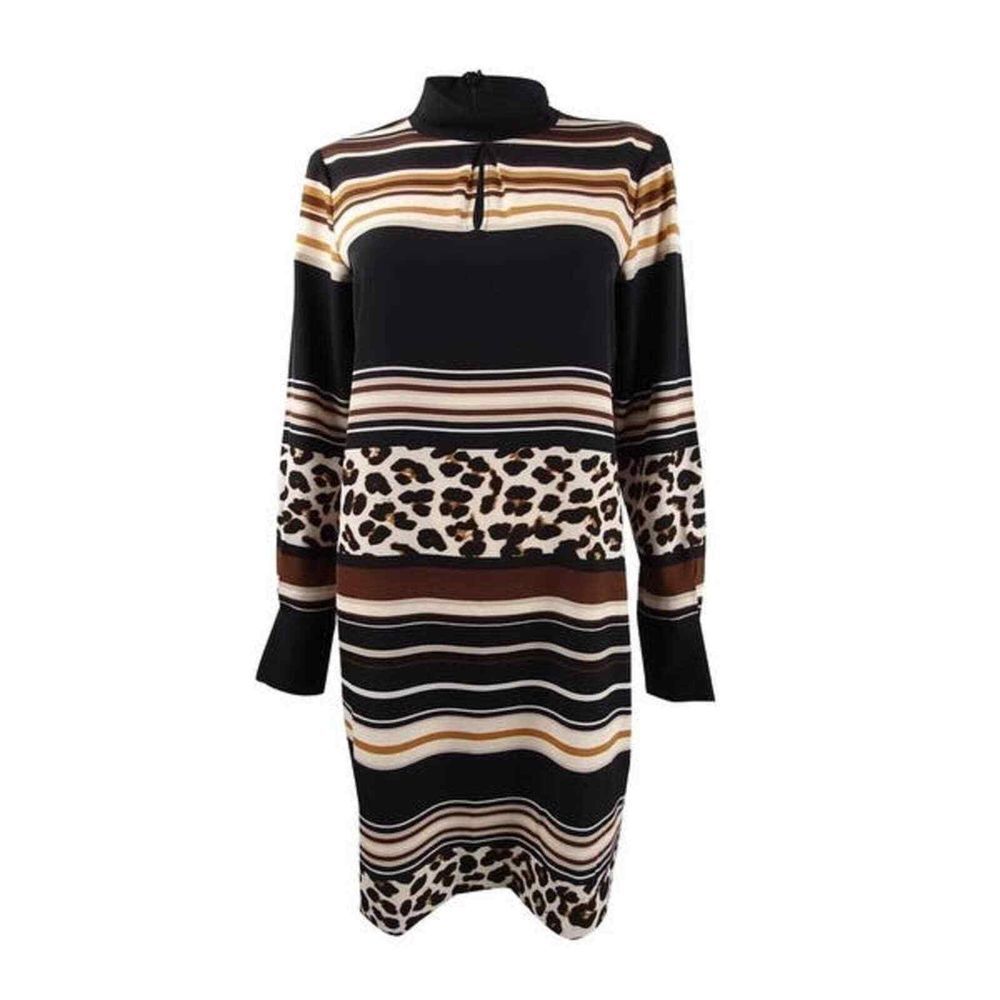 DKNY Dress Womens XS Animal Print Striped Shift Long Sleeves Mock Neck